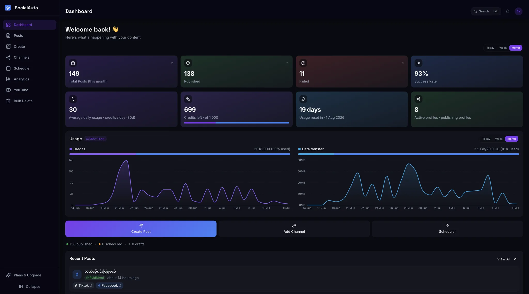 SocialAutoUpload dashboard — posts published to Facebook, Instagram, YouTube, TikTok and Telegram, with success rate, credits and data-transfer usage charts