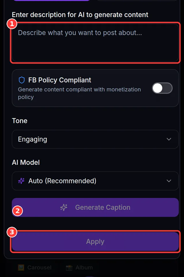 AI Generate panel with description box, tone selector and Generate Caption button