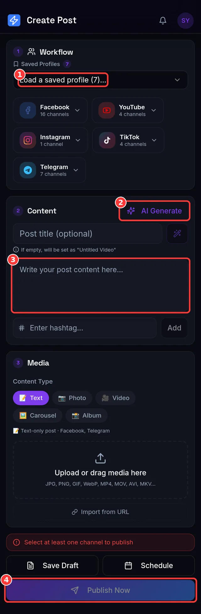 The Composer showing workflow, content, media sections and the Publish Now button