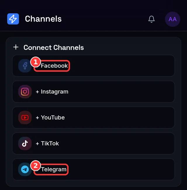 The Channels page listing Connect buttons for Facebook, Instagram, YouTube, TikTok and Telegram