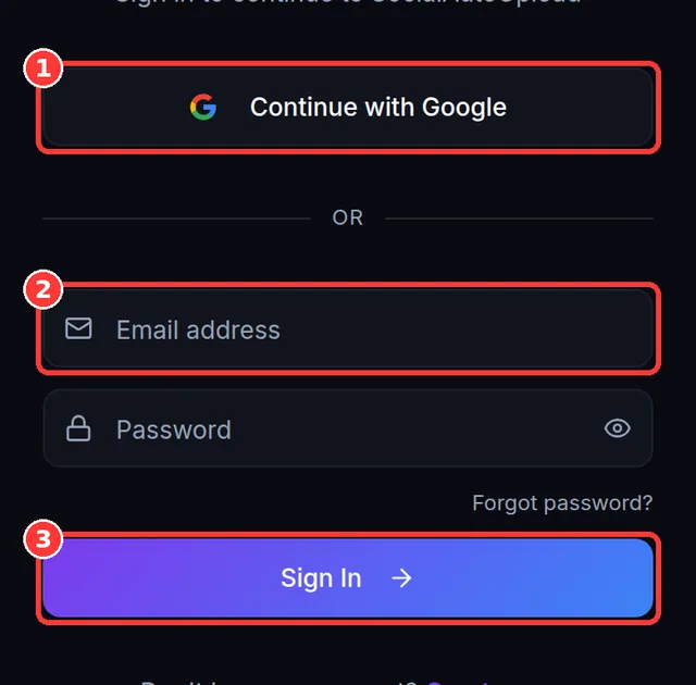 The sign-in page with Google sign-in and email/password fields