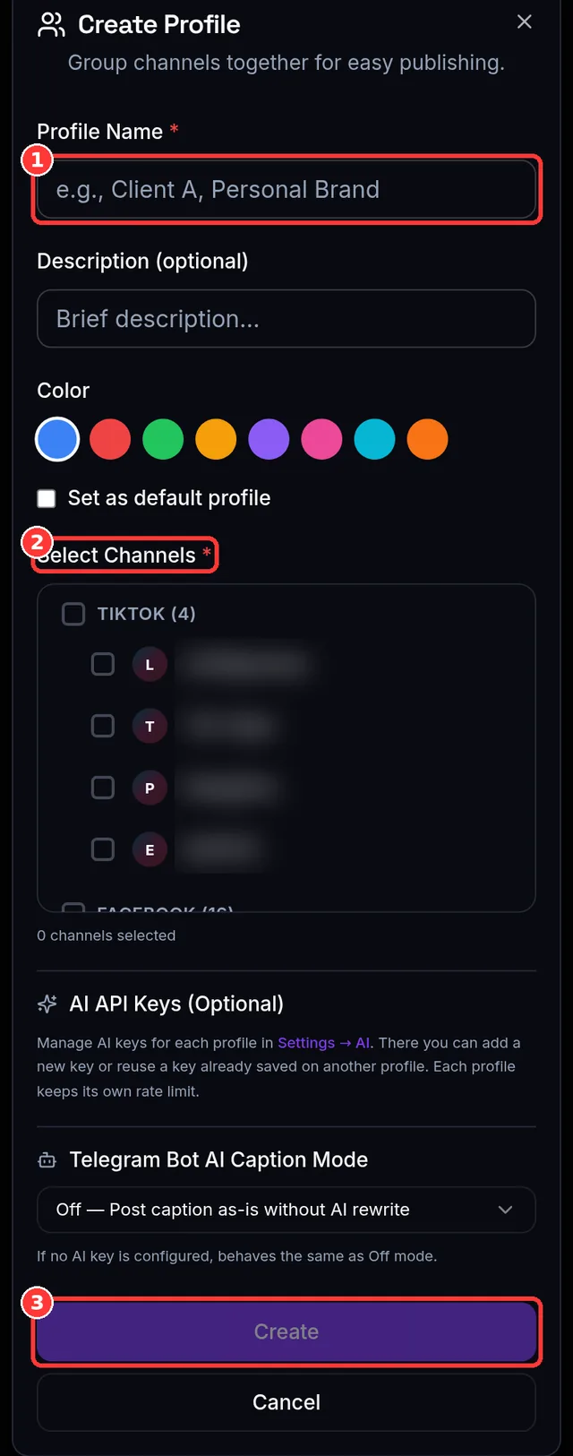 Channel များစုဖွဲ့ရန် Create Profile dialog