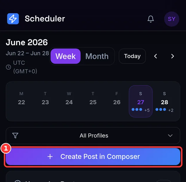 Scheduler weekly calendar view with scheduled post dots and Create Post button