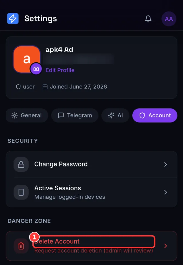 Settings → Account tab showing password, sessions and delete account options