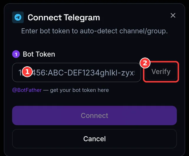 Bot token ထည့်ရန် Connect Telegram dialog