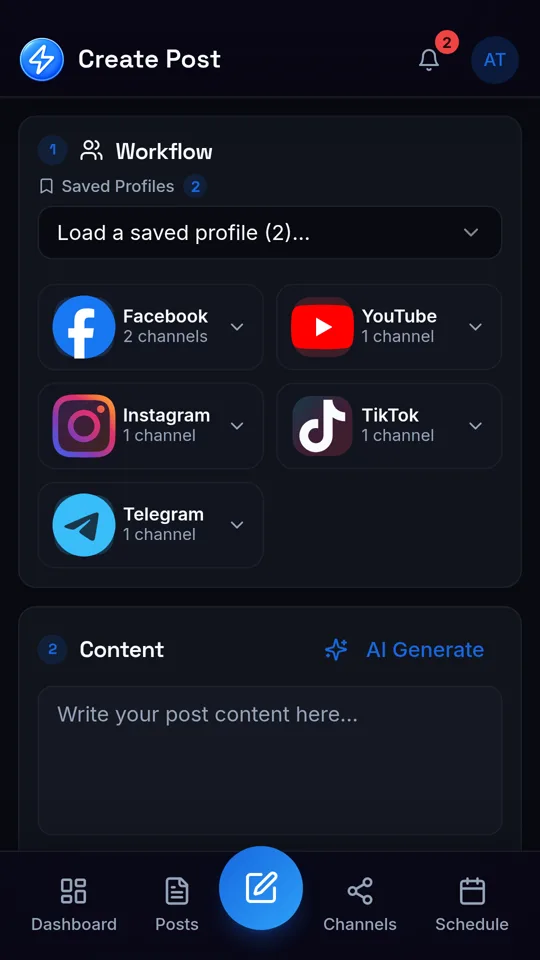 Composer screen of the SocialAutoUpload Android app with Facebook, YouTube, Instagram, TikTok and Telegram channels selected