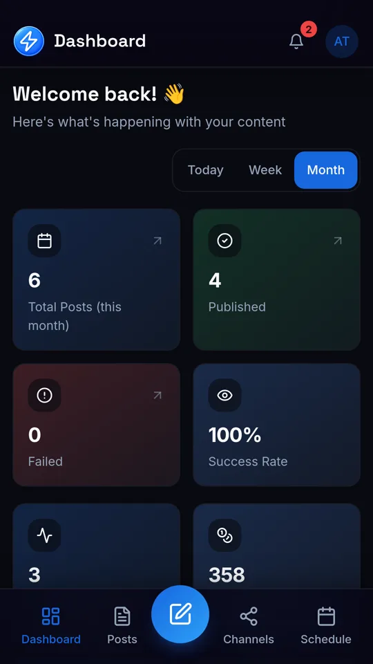Dashboard of the SocialAutoUpload Android app showing recent posts and usage